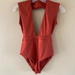 REVEL RAY Deep V Swimsuit Open Back Burnt Orange